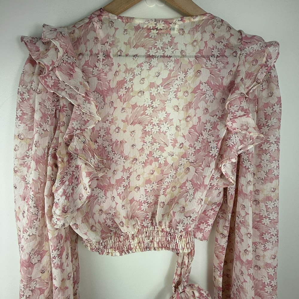 Pink Floral Ruffle Wrap Blouse - Picture 7 of 8